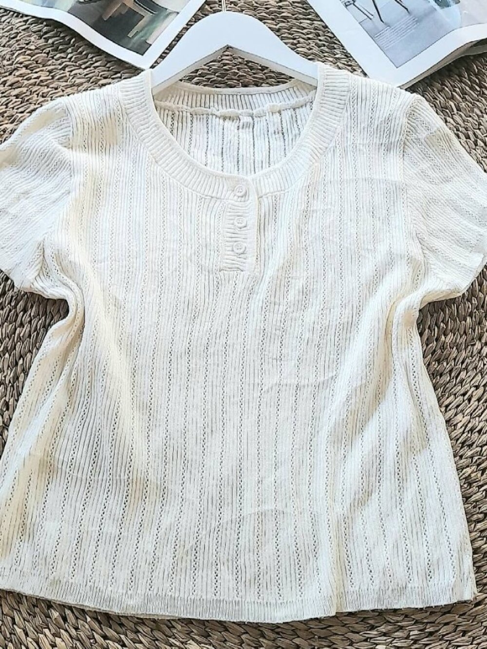 Ivory Pointelle Ribbed Short Sleeve Henley Knit Top